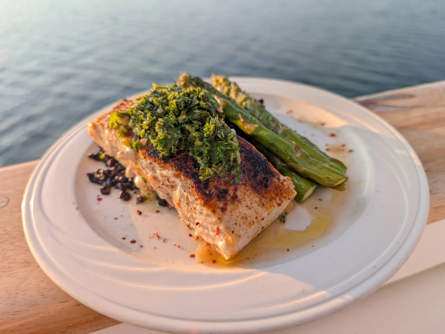 April’s favorite dish! Chimichurri Salmon prepared on the M/V Mist Cove