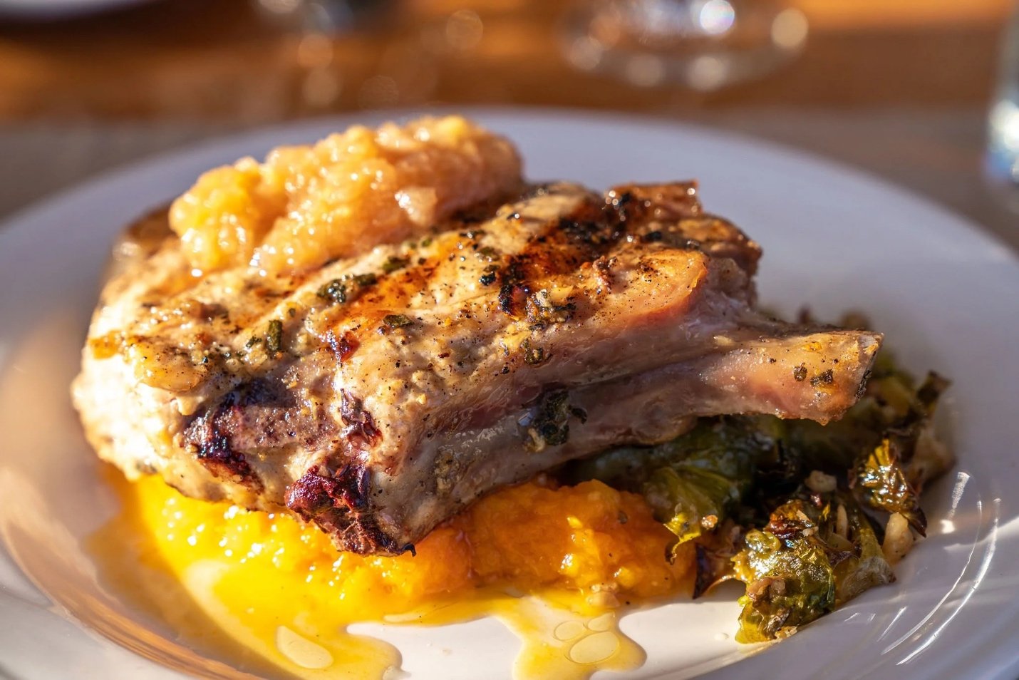 A decadent pork dinner served on the M/V Mist Cove