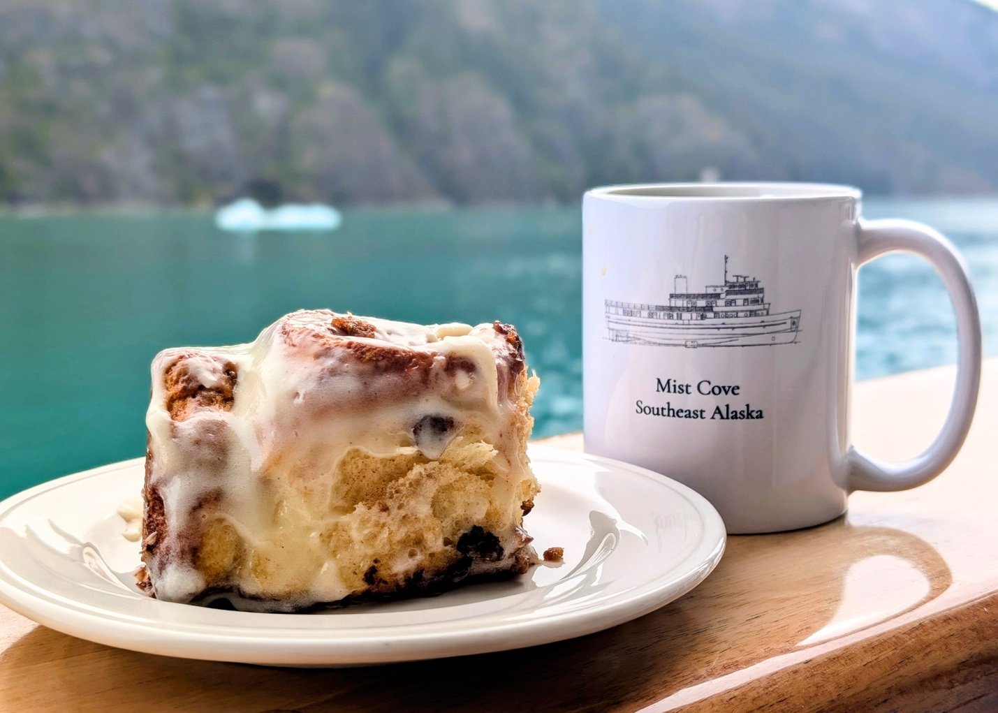April’s cinnamon roll and a coffee on the M/V Mist Cove